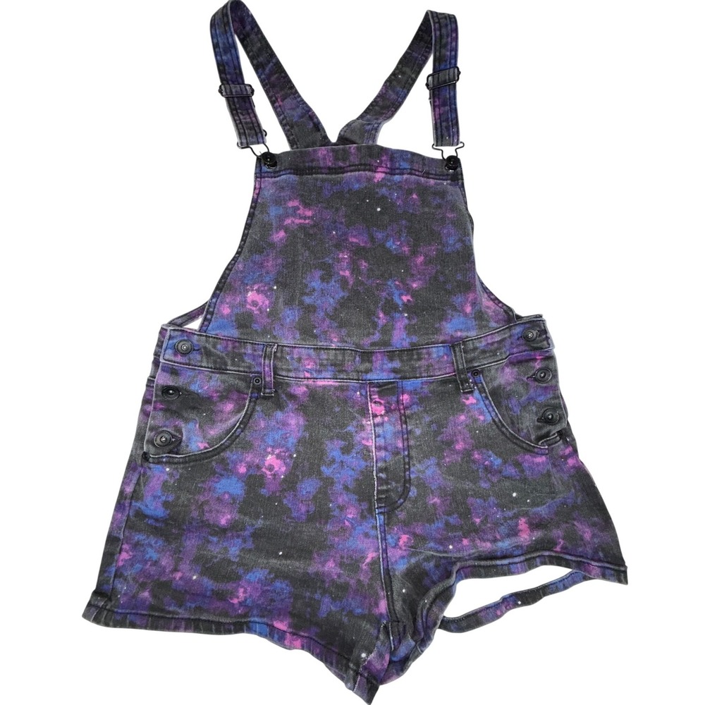 Blackheart Galaxy Print Denim Shortalls Women's L Purple Blue Celestial